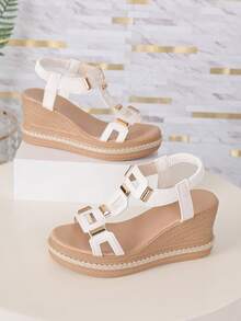 Women's Summer New Fashion High Heel Sandals To Match Skirts, Casual White Round Toe Thick Sole Wedge Heel, Vintage Roman Sandals, Comfortable Commute Work Height-Increasing Thick Sole French Versatile Casual Vacation Wedding Beach Bohemian Nightclub Runway Sexy Party Multi-Scenario Ankle Strap Slip-On Fashion High Heel Sandals - White - View 8