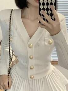 Conjunto de Falda Tejida Chic para Mujer, Falda Abullonada de Media Longitud, Moda Primavera-Verano, Conjunto de Dos Piezas, ... - Traje blanco (falda + top) - Ver 10