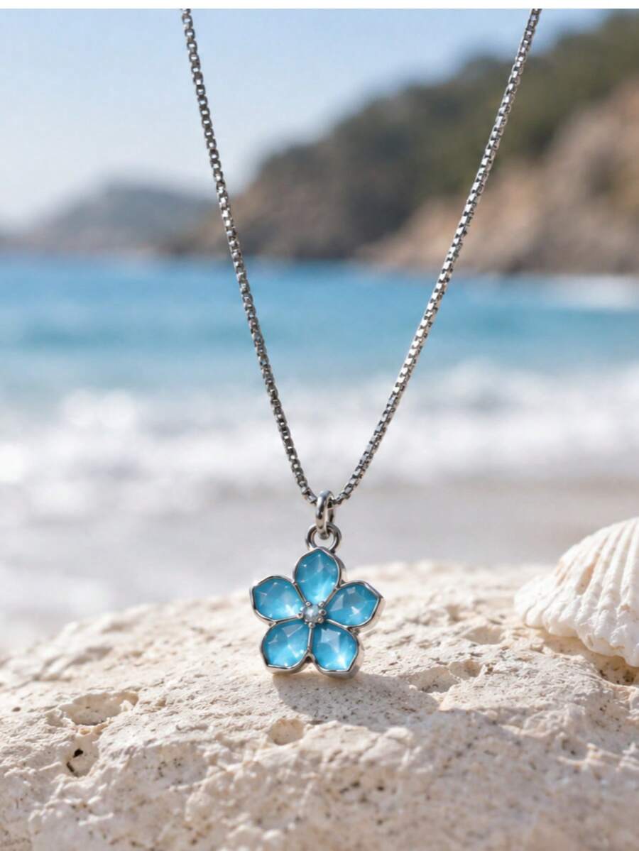 1pc Women's Silver Pendant Necklace Suitable For Daily Wear - blue flowers - View 1