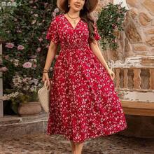 yonghongmaoyi1  CURVE Vestido casual de manga corta con cuello en V y cintura ceñida con estampado floral pequeño, adecuado para uso al aire libre, - Amarillo - Ver 4