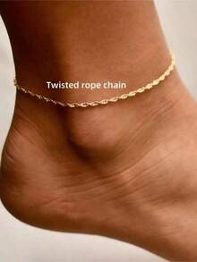 1pc Fashionable Minimalist Twisted Rope Chain Anklet, Suitable For Daily Beach Vacation Casual Wear, Holiday Gift For Women - Gold - View 3