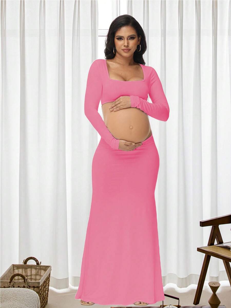 Maternity Fitted Backless Dress, Maternity Hollow Square Neck Long Dress, Suitable For Photography, Baby Shower Parties, Long Sleeve Design Spring Pink - Pink - View 1