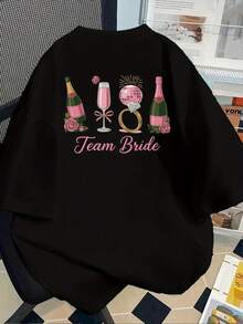 Double-Sided Printed Women's Cotton T-Shirt, Short-Sleeved Crew Neck Casual Top, Bridesmaid And Wedding Party Style, Fashionable, Versatile Summer Everyday Wear. - Black - View 3