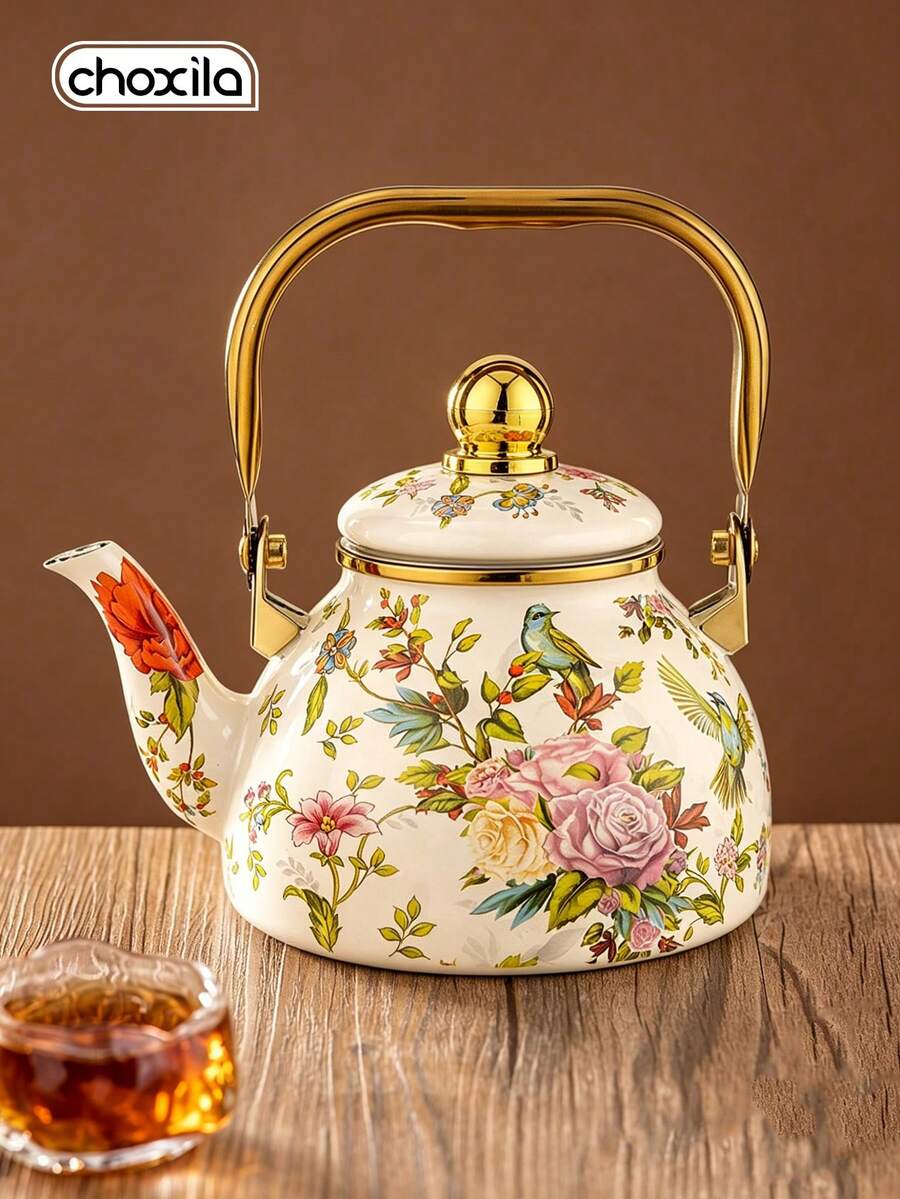 choxila 1pc Enamel Kettle, Luxury Floral & Bird Porcelain Tea Pot With Gold Edge, Middle Eastern Style Coffee Pot, 1L/1.2L/2.5L Universal For Gas And Induction Cookers, Suitable For Home, Family Gatherings, Banquet Halls, And Restaurant Service. - Flower and Bird Ceramic Teapot - View 1