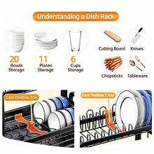 1PCS 2-Tier Carbon Steel Dish Drying Rack Dish Drainer Large Capacity With Drip Tray And Cutlery Holder, Space-Saving For Kitchen Counter - Black - View 7