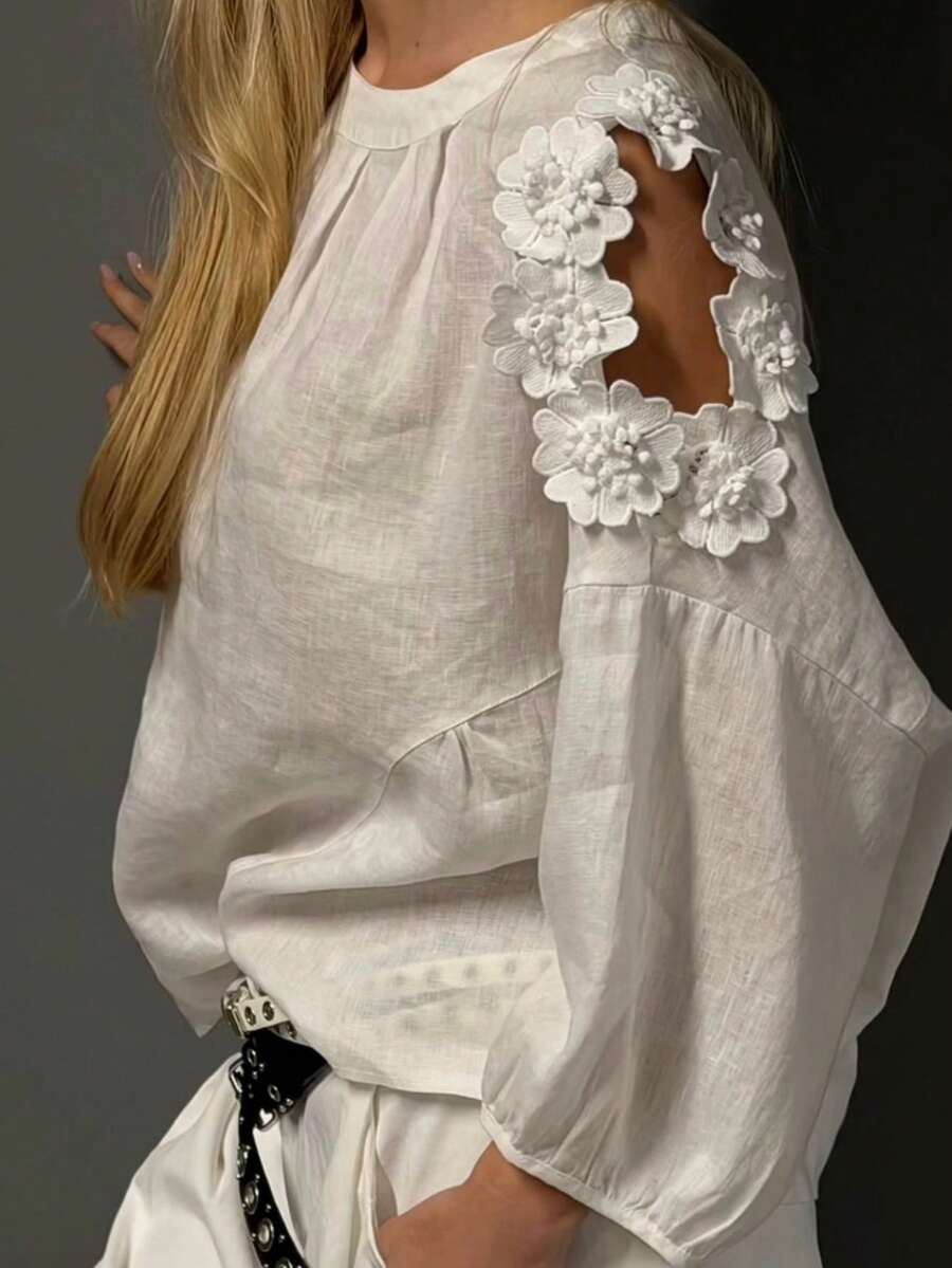 Elegant Casual Bohemian Style Loose White Women's Round Neck Blouse With Exquisite Applique, Suitable For Outings, Spring, Summer, Autumn - White - View 1