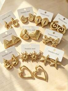 2/4 Pairs Gold Stainless Steel Fashion Geometric Oval/Leaf Shell Hollow Earrings For Women, High Quality Hypoallergenic Daily Wear Ear Jewelry, Gold Earrings - Gold - View 8