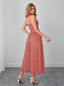 PARTHEA Casual Red Gingham Midi Dress With Pockets For Women, Lace Trim V Neck Front Tie Adjustable Strap Smocked Back Flowy A Line Sundress - Red - View 3