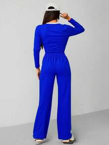 Conjunto Casual de Mujer de 2 Piezas Estilo Casual Chic en Poliéster con Top de Manga Corta y Pantalón Palazzo de Pierna Ancha | Outfit Cómodo para Uso Diario, Viajes y Primavera-Verano - Azul - Ver 4