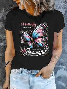 Camiseta de Mujer Butterfly, Cuello Redondo Cómodo, Mezcla de Algodón Casual, Manga Corta, Suave y Transpirable, Ropa de Mujer, Camiseta para Primavera/Verano, Estilo Urbano. - negro - Ver 1