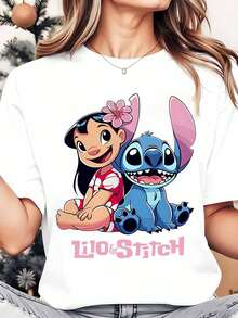 Disney Lilo And Stitch Cartoon Characters Women's Round Neck Shirt Summer Tops Comfortable O-Neck T Shirt Fashion Casual Women Clothes - 白色 - 查看 1