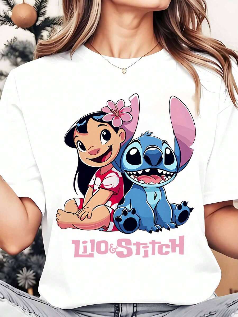 Disney Lilo And Stitch Cartoon Characters Women's Round Neck Shirt Summer Tops Comfortable O-Neck T Shirt Fashion Casual Women Clothes - 白色 - 查看 1
