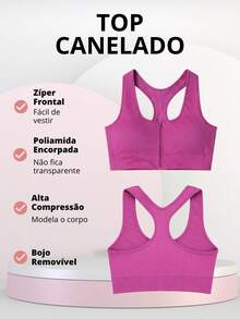 High-Compression Ribbed Top With Front Zipper And Removable Padding. - Sıcak Pembe - Görünüm 3