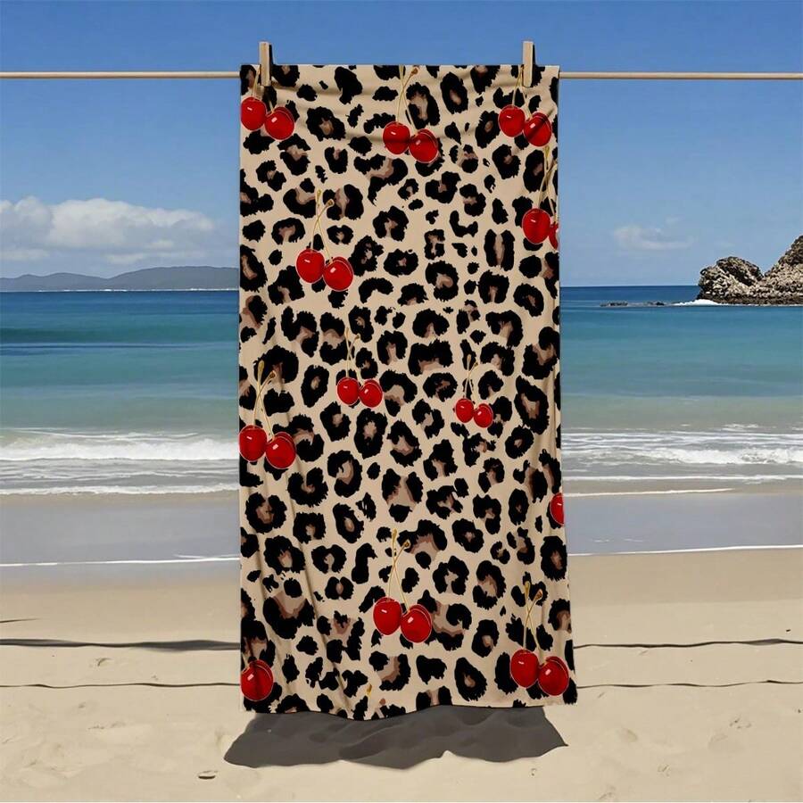 Leopard Print Cherry Pattern Microfiber Beach Towel, Absorbent Quick-Drying Non-Shedding Bath Towel, Beach Swimming Vacation Towel - A - View 1