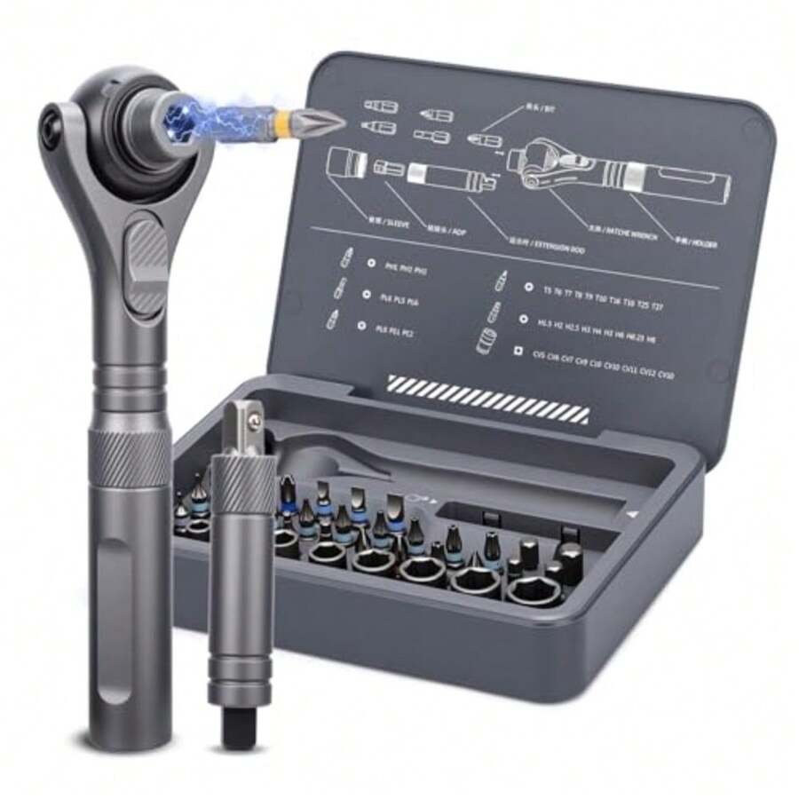 Juego de 38 Destornilladores de Trinquete con Insertos Magnéticos, Cabeza Giratoria 180° y Eje Extensible - Kit de Herramientas Multifunción Portátil para Reparaciones Hogar y Electrónicos - como en la imagen - Ver 1