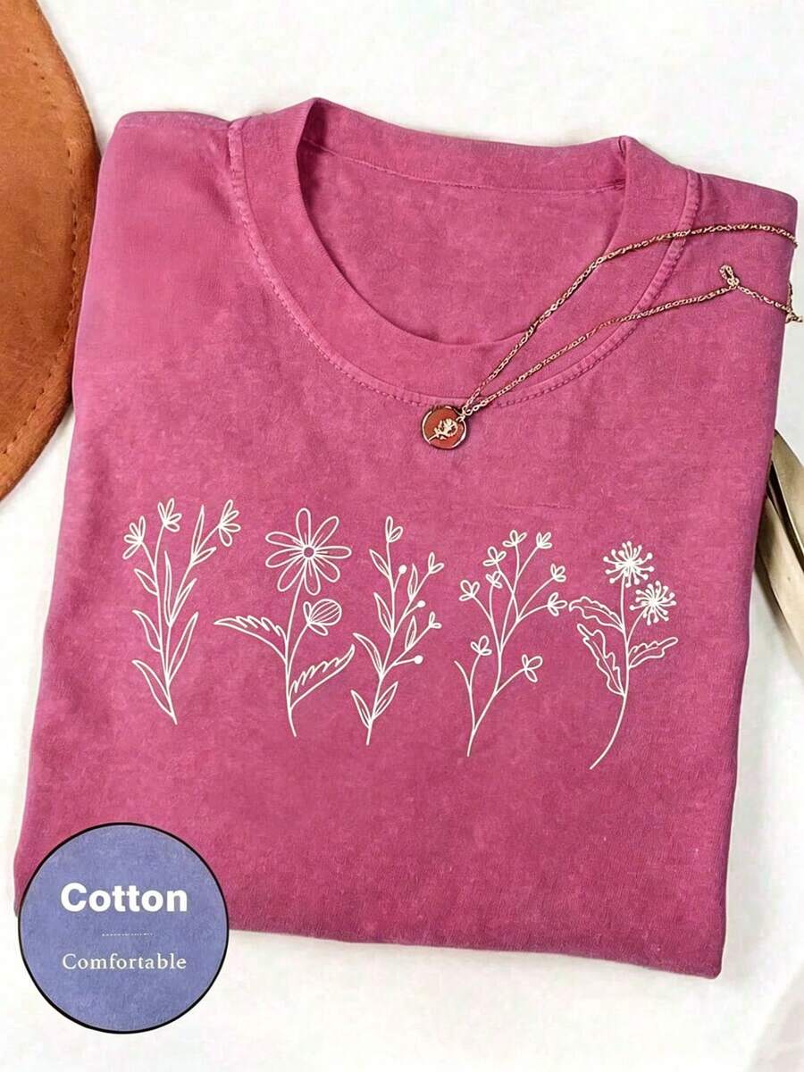 Women Floral Print Crew Neck Loose Casual T-Shirt, Short Sleeve Cheap Clothes Camiseta 100 Percent Cotton Clothing Women - 玫紅色 - 查看 1