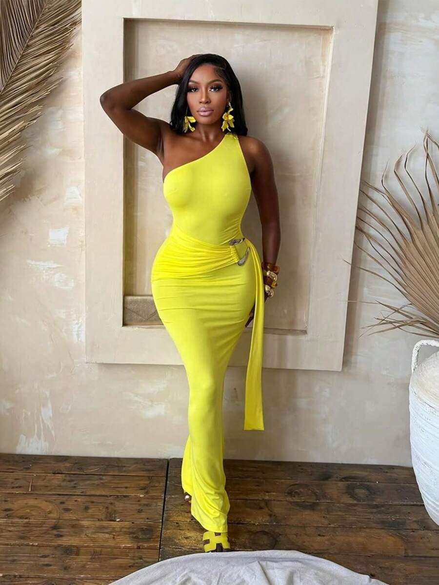 Very Popular Monochrome Party Dress With Asymmetrical Shoulder And Fitted Design. - Yellow - View 1