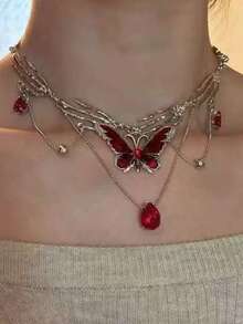1pc Sweet Cool Niche Red Drip Glaze Butterfly Tassel Multi-Layer Necklace Choker - Red - View 3