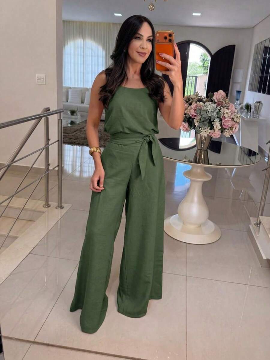 Casual Chic Wide-Leg Set - Two Pieces (Tank Top + Flowy Pants) - Army Green - View 1