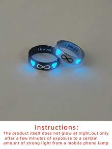 ATLVXJL 2pcs/Set Glowing Couple/Friendship/Family Glow-In-The-Dark Double Heart & Infinity 8-Pattern Stainless Steel Silver & Black Couple Rings Set, Casual Jewelry Rings Suitable For Daily Wear And Holiday Gift Giving - Multicolor - View 10