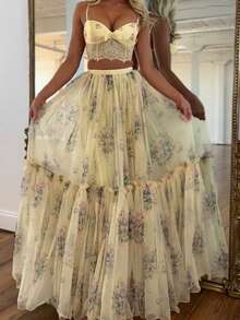 Lightweight Printed Chiffon Set With Elegant Laces, Very Popular Style - 杏色 - 查看 6