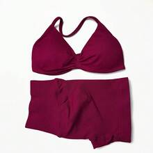 Conjuntos de sujetadores Halter de Yoga sin costuras, 2 piezas, pantalones cortos deportivos con fruncido en la parte de atrás, Tops cortos de gimnasio - Burdeos - Ver 10
