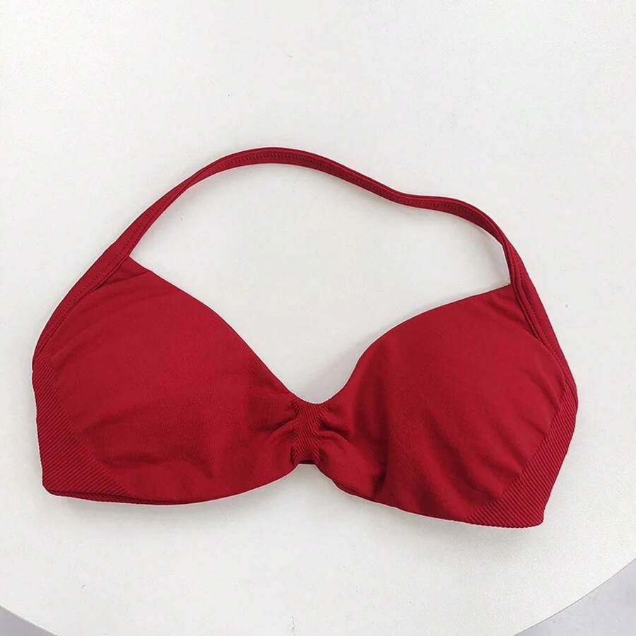 Sujetador deportivo halter con tiras para mujer, top sin costuras de alto soporte con efecto push-up para gimnasio, yoga y fitness - Rojo - Ver 1