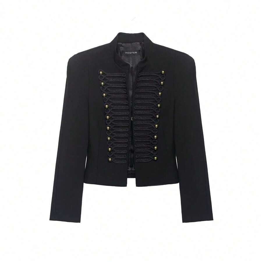 THREADLY Spring/Autumn New Women's New Chinese Style Button Up Collar Long Sleeve Padded Shoulder Slim Fit Blazer Jacket Black - Black - View 1