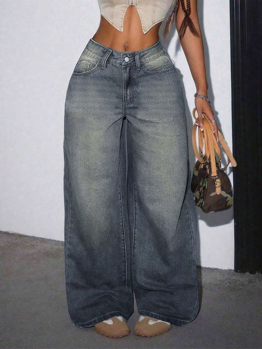 Women's Casual Loose Straight Leg Jeans With Pockets - Deep Nostalgic Color - View 1
