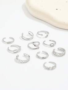 10 Buah Cincin Jari Kaki Terbuka Motif Bintang Bulan, Set Cincin Jari Kaki Multi-Jejak Lucu Bentuk Geometris, Hati Berongga, Simpul, dan Sayap untuk Wanita - Perak - View 2
