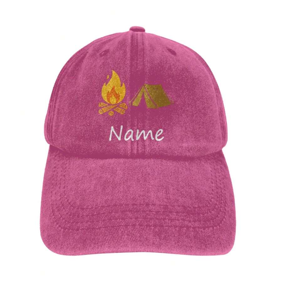 Custom Name Campfire Tent Print Washed Cotton Baseball Cap, Adjustable Unisex Sun Hat, Perfect Father's Day Gift For Camping Lovers, Summer Outdoor Casual Wear - Multicolor - View 1
