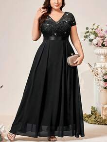 Talla Grande - Vestido de Encaje con Abertura en la Espalda y Ajuste en la Cintura para Mujer de Talla Grande - Negro - Ver 2