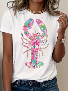 Camiseta de Mujer con Estampado de Langosta - Estampado Costero en Rosa Suave y Verde Azulado, Corte Holgado, Mangas Cortas, Cuello Redondo, Ligera y Transpirable, Ideal para Fiestas de Play - negro - Ver 1