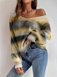 Plus Size Women's Gradient V-Neck Long Sleeve Loose Casual Sweater - Multicolor - View 7