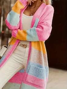 Plus Size Women's Dropped Shoulder Long Sleeve Sweater Pocket Design Autumn Winter Casual Color Block Striped Long Cardigan - Pink - View 5