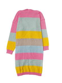 Plus Size Women's Dropped Shoulder Long Sleeve Sweater Pocket Design Autumn Winter Casual Color Block Striped Long Cardigan - Pink - View 8