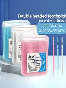 200/400pcs Disposable Toothpicks, Portable Boxed Ultra-Fine Double-Ended Toothpick Brushes, Disposable Plastic Toothpicks For Teeth Cleaning, Interdental Brushing, Oral Care, Teeth Cleaning Tool, Tooth Picks - Multicolor - View 1