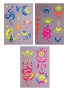 3pcs Neon Fluorescent Temporary Tattoo Stickers, Glowing Snake, Moon Phase, All-Seeing Eye, Sun Star & Occult Hand Design, Waterproof Skin- Self-Adhesive Long-Lasting, For EDM Rave Festival, Coachella Gathering, Witchy Tarot Party, Fake Tattoos - Multicolor - View 8