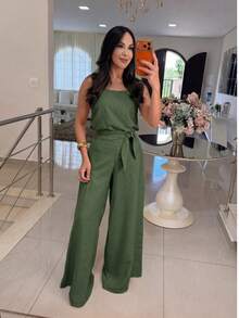 Casual Chic Wide-Leg Set - Two Pieces (Tank Top + Flowy Pants) - Army Green - View 2