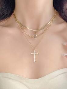 Rhinestone Cross Pendant Multi-Layer Necklace Choker Chain Personalized Versatile Neck Accessory, Stainless Steel Jewelry, Women's Necklace, Y2k - Geometry - View 2