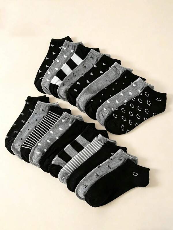 3/5/10 Pairs Random Women Ankle Socks, Black/Gray Heart/Bow/Striped Print, Casual Breathable Low-Cut Socks, Fashionable & Comfortable Daily Wear