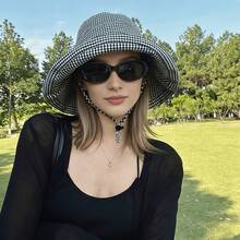 Women's Black And White Plaid Bucket Hat, Fashionable Spring Sun Hat, Lightweight Foldable And Portable, With Adjustable Chin Strap, Secure Fit, Suitable For Spring And Summer Outdoor Walks, Travel And Sporting Events. - Multicolor - View 4
