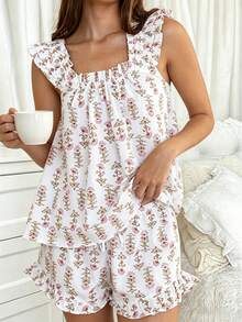 Women's Plus Size 2 Pieces French Floral Ruffle Cami Top & Shorts Pajama Set, Cold Shoulder Loose Lightweight Breathable Summer Sleepwear Loungewear - White - View 1