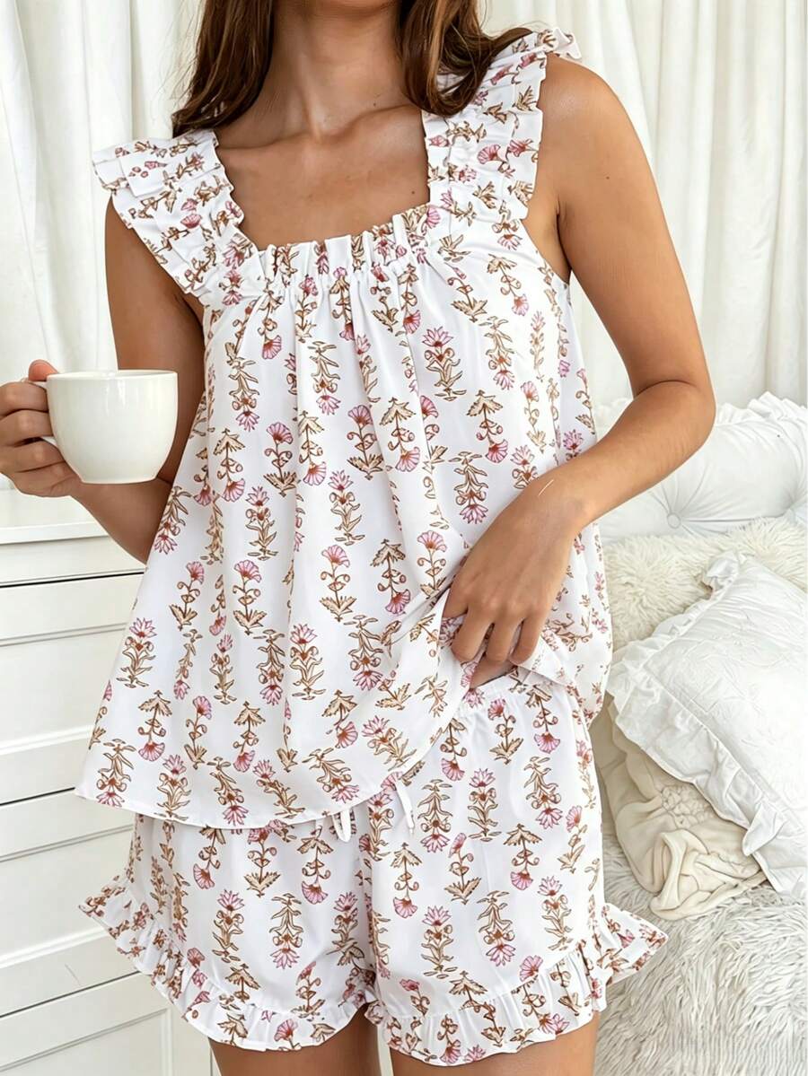 Women's Plus Size 2 Pieces French Floral Ruffle Cami Top & Shorts Pajama Set, Cold Shoulder Loose Lightweight Breathable Summer Sleepwear Loungewear - White - View 1