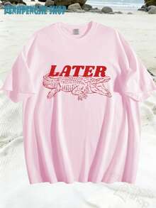 Women's Later Gator Funny Pun Cute Crocodile Casual Oversized Graphic Tee, Last Day Of School, 4th Of July, Vacation, Summer Tops, Teacher Outfits - 藍色和黑色 - 查看 2