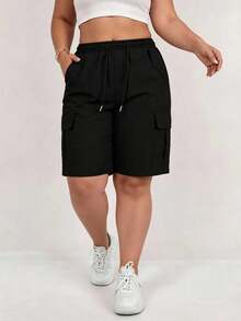 Women's Plus Size Casual Sports Cargo Shorts, Versatile Fashion Multi-Pocket Design, Elastic Waist With Drawstring Adjustment Black - Black - View 10