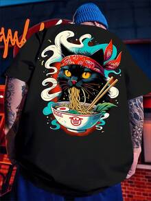 [Imágenes Frontales y Traseras]Camiseta casual de manga corta para hombre con estampado de ramen estilo japonés, adecuada para primavera y verano, ofrece un uso diario cómodo. - Negro - Ver 2