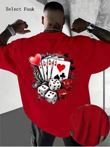 Camiseta de primavera para hombre,% estampada, cuello redondo, lavable aáquina, adecuada para uso diario casual y senderismo, estilo urbano, con cuatro cartas de juego (corazón, pico, - Blanco - Ver 9