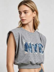 UREREM Áo thun croptop dệt kim nữ in chữ NYC, độn vai, cổ tròn, phong cách thường ngày cho mùa hè, mặc hằng ngày/đi học/đi biển - Xám - Xem 1
