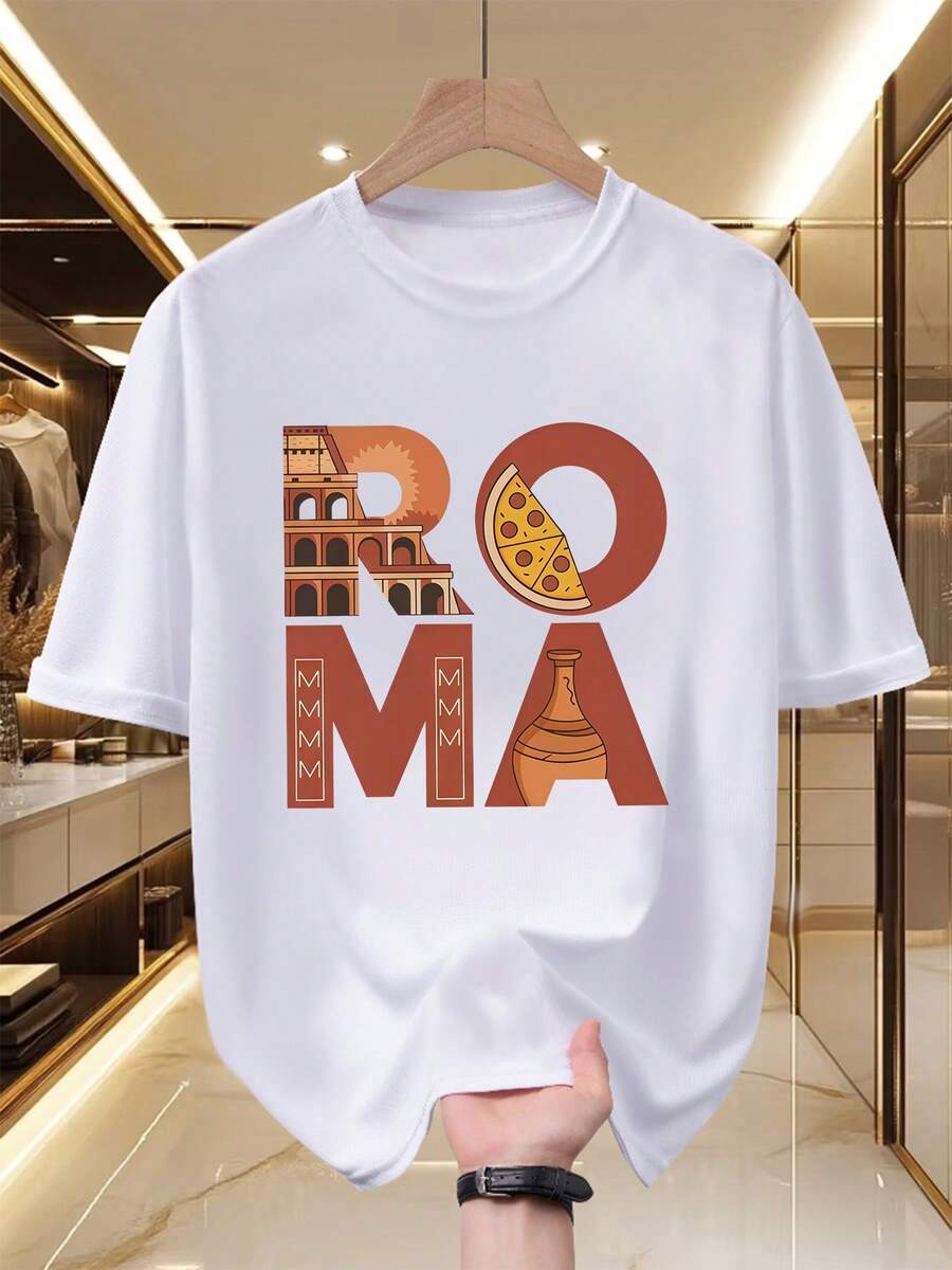 Men's Printed-Shirt, Vintage Roman Style Design, Soft And Breathable Fabric, Printed With Unique Pizza And Roman Colosseum Patterns, Round Neck Shor - White - View 1